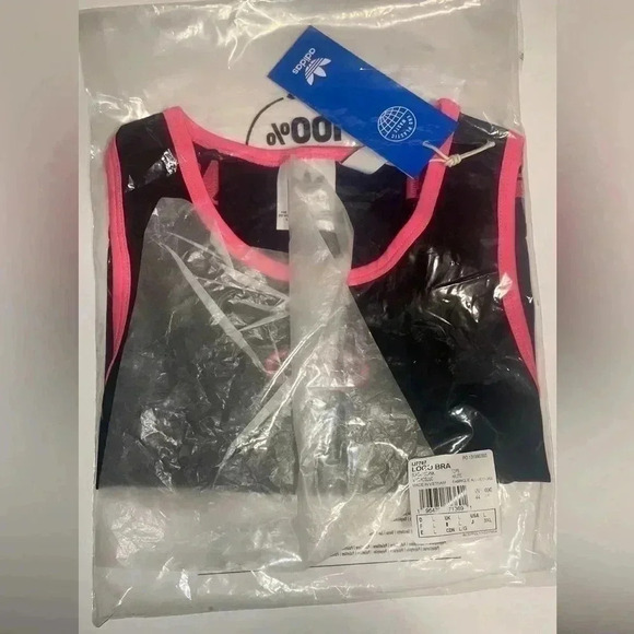 NWT Adidas multiple Logo casual athletic yoga workout pink black bra top  XS/L - Picture 2 of 3